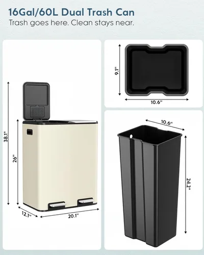 Vista 2 de Arlopu Cubo de basura doble de 16 galones con 2 cajas integradas para control de olores, cubo de basura de cocina manos libres, cubo de basura