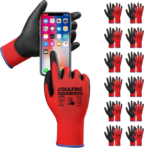 Vista 9 de DULFINE Touchscreen Work Gloves for Women 12 Pairs, PU Coated Two Fingers Touchscreen, Bulk Pack, Seamless Knit, Ideal for Light Duty Work