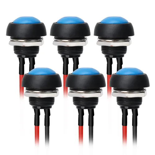Vista 10 de STARELO 6 interruptores de botón momentáneos de 0.472 in, mini interruptor redondo impermeable SPST 3A 125V AC 2Pin 1NO con cable pre-soldado Negro