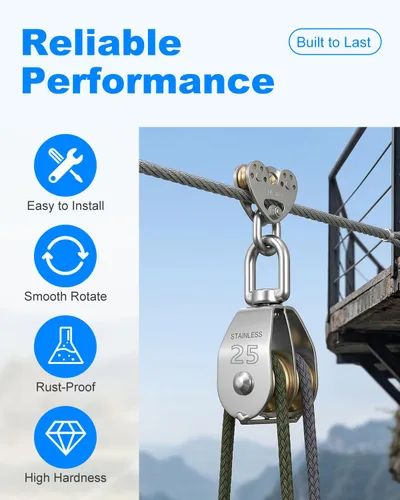 Vista 3 de Rocaris - Juego de 4 bloques de polea doble M25 de acero inoxidable 304, cuerda de alambre para grúa, doble rueda giratoria, bloque de polea