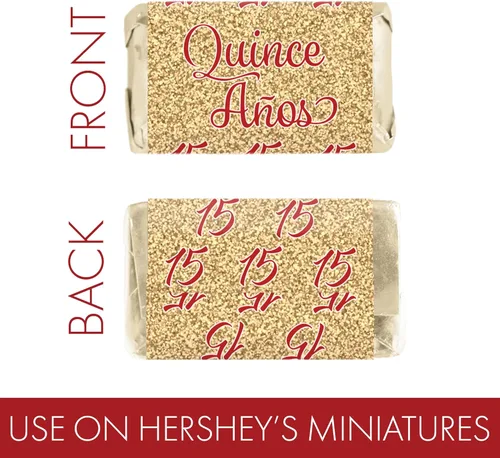 Vista 5 de Recuerdos de fiesta de quinceañera roja y dorada - Mini envoltorios de barra de caramelo - 45 calcomanías