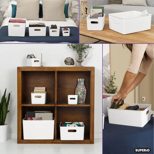 Vista 4 de Superio Ribbed Collection - Canastas organizadoras de plástico decorativas abiertas para el hogar, grandes cajas blancas (paquete de 6)