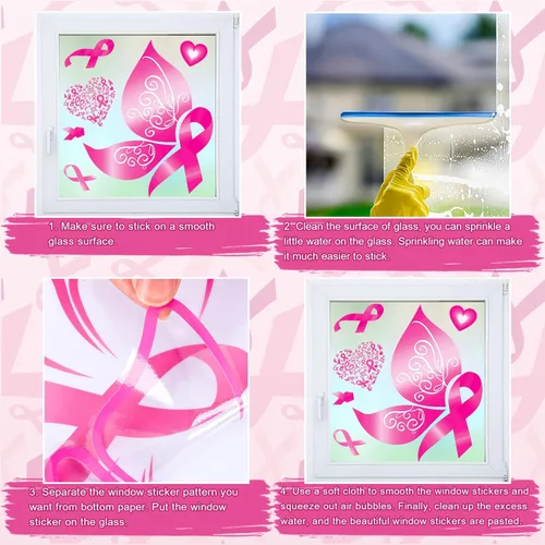Vista 3 de Whaline 9 hojas de calcomanías para ventana de concientización sobre el cáncer de mama, cinta rosa, calcomanías decorativas de PVC para ventana