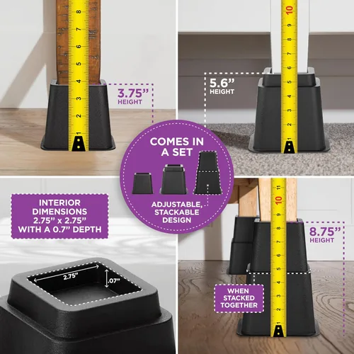 Vista 3 de HOLDN' STORAGE Elevadores de cama ajustables y elevadores de muebles, elevador de cama apilable de 3, 5 u 8 pulgadas, juego de 4 elevadores de cama