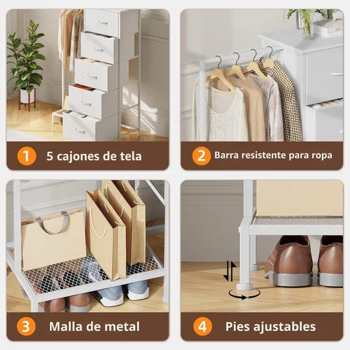 Vista 8 de Somdot - Cómoda con estante para colgar, 5 cajones, cómoda pequeña para dormitorio, cómoda reversible con estante para ropa, cómodas para niños