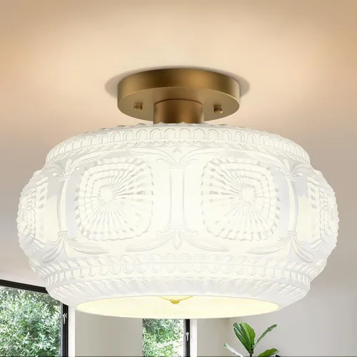 Vista 44 de Lámpara de techo semiempotrada de vidrio de leche, color dorado vintage Beautiful Light Shadow, Easy to Install, Bright Ambiance, Modern Lighting