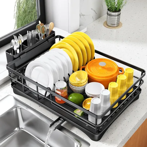 Vista 8 de SNTD Escurridor de platos para encimera de cocina - Escurridor grande con bandeja de drenaje, escurridor de platos a prueba de óxido con soporte