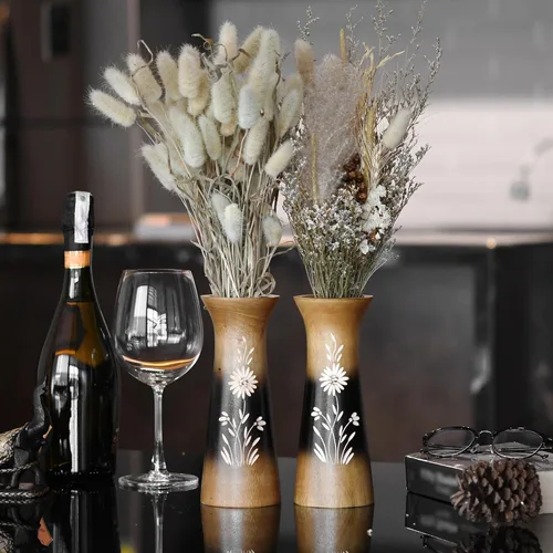 Vista 3 de Aeravida Florero de madera de mango con flores ricas y naturales (2 piezas) Decoración moderna de granja para el hogar, cocina, dormitorio, sala