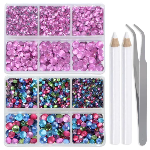 Vista 23 de LPBeads 6400 unidades de diamantes termoadhesivos de 12 colores con parte trasera plana, 5 tamaños mixtos, gemas de cristal redondas con pinzas