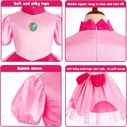 Vista 4 de Oskiner Disfraz de princesa melocotón para niñas, vestido de princesa melocotón para niños, cosplay, fiesta de Halloween