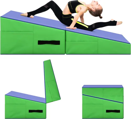 Gymnastics Mat Incline Tumbling Mats—Indoor/Outdoor Folding Cheese Wedge Mat with Non-Slip Surface & Handles for Kids Girls Home Training Exercise