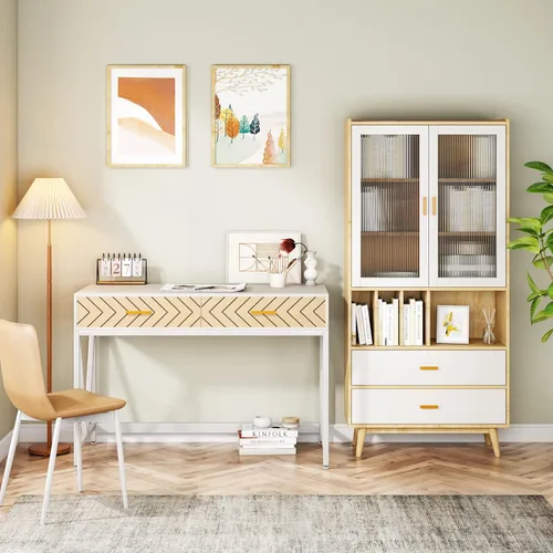 Vista 2 de LITTLE TREE Escritorio para computadora con 2 cajones, escritorio moderno de 47 pulgadas, mesa para computadora portátil para oficina en casa