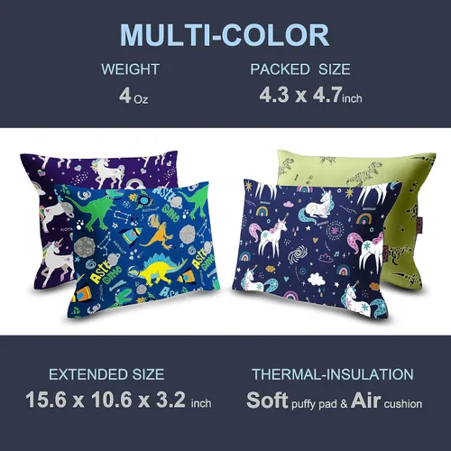 Vista 4 de X-Foam Kids - Almohada inflable para acampar con funda de espuma extraíble para niños Dinosaurio Cómodo, lavable, ultraligero y portátil