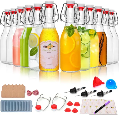 Vista 9 de Paquete de 12 botellas de vidrio con tapa abatible de 4 onzas con tapas herméticas, botellas de vidrio con tapa abatible para elaboración casera