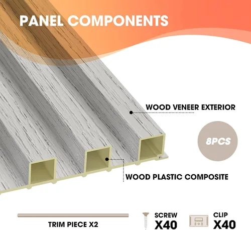 Vista 4 de OUZUGIE WPC Paneles de Pared de Listones Acústicos, Paquete de 8 de 96 x 6 Pulgadas Paneles de Pared 3D para Decoración de Pared Interior, Sala