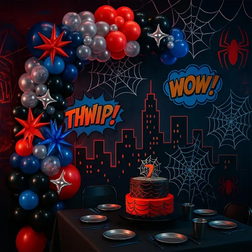Vista 5 de Kit de arco de globos de araña azul marino, rojo, negro y plateado, globos