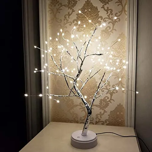 Vista 4 de Lxcom Lighting Luces LED de rama, 108 LED, ramas de árbol de alambre de cobre plateado, árbol de mesa LED bonsái, funciona con pilas, con Blanco