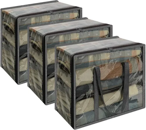 Vieshful Bolsa de almacenamiento de ropa transparente gris de 40 L con cremallera, paquete de 3 organizadores de ropa coloridos de vinilo para