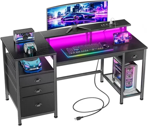 Furologee 52'' Gaming Desk with LED Lights and Power Outlets, Reversible Computer Desk with 4 Drawers, Fabric File Cabinet, Printer Space, Shelves
