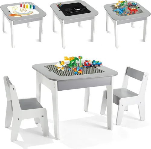 JOYMOR Juego de mesa y silla para niños pequeños con almacenamiento, mesas 4 en 1 para niños y sillas para manualidades (tabla de bloques de