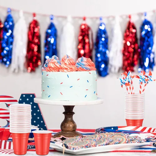 Vista 6 de Zopeal 300 vasos de plástico desechables rojos de 12 onzas, vasos de plástico rojo con líneas de relleno, vasos de plástico reutilizables