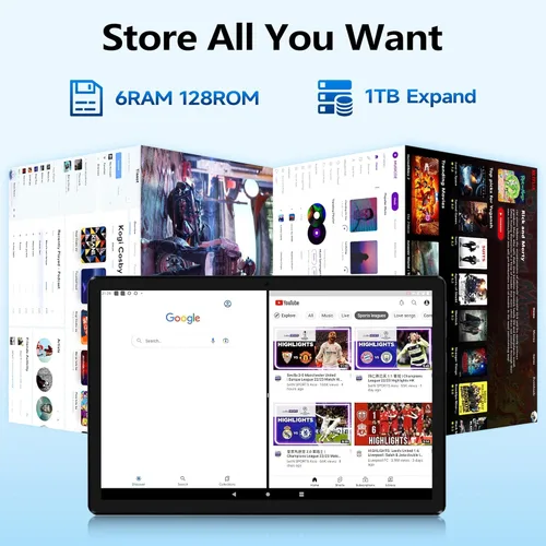 Vista 4 de Kinstone Tablet Android de 10.1 pulgadas, procesador Octa-Core de 128 GB+1 TB de almacenamiento expandible, doble cámara, batería de larga duración