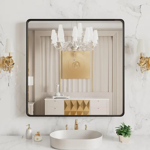 Vista 105 de LOAAO - Espejo de tocador para baño con marco de metal negro mate de 48 x 32 pulgadas para pared, rectangular, grande, redondeado, anticorrosión