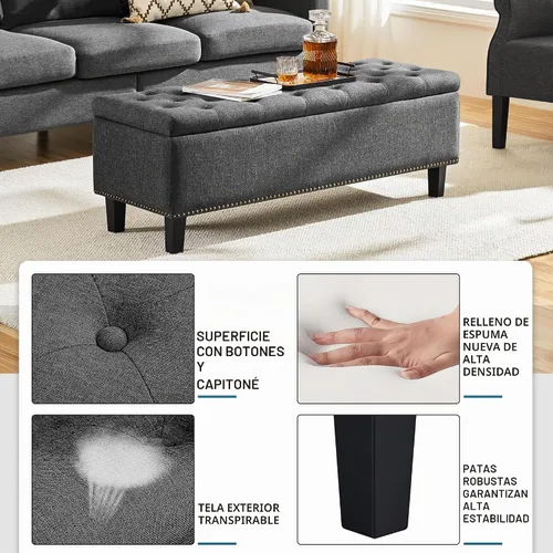Vista 8 de Yaheetech Banco otomano de entrada de 49 pulgadas con almacenamiento, taburete multiusos para reposapiés, color gris oscuro