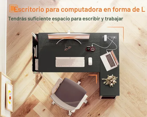 Vista 6 de ODK - Escritorio pequeño en forma de L de 40 pulgadas para computadora de juegos con tomas de corriente, estantes de almacenamiento reversibles