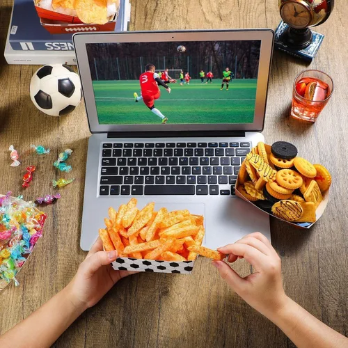 Vista 5 de Hoolerry Paquete de 48 bandejas de papel para fiestas temáticas deportivas, decoraciones de cumpleaños, botes de papel, botes de comida, nachos