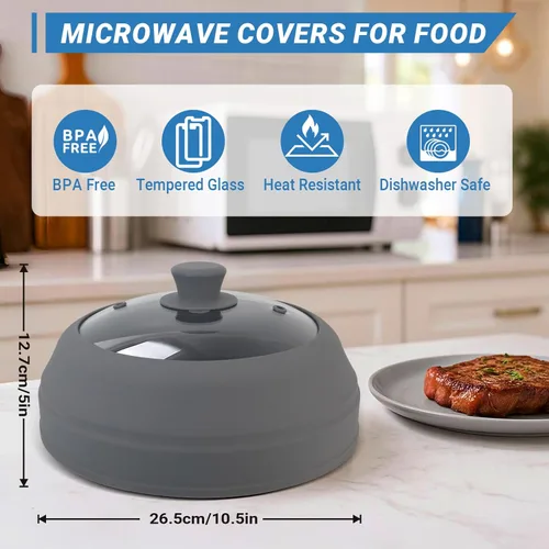 Vista 3 de Cubierta de vidrio para microondas para alimentos, cubierta plegable de silicona para salpicaduras de microondas de 10.5 pulgadas, cubierta