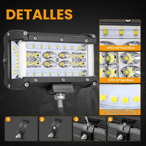 Vista 10 de Luces LED de disparo lateral, Muto-Beam, 2 piezas, 4 pulgadas, cuatro filas, luces LED para niebla, lámparas impermeables para conducción Blanco