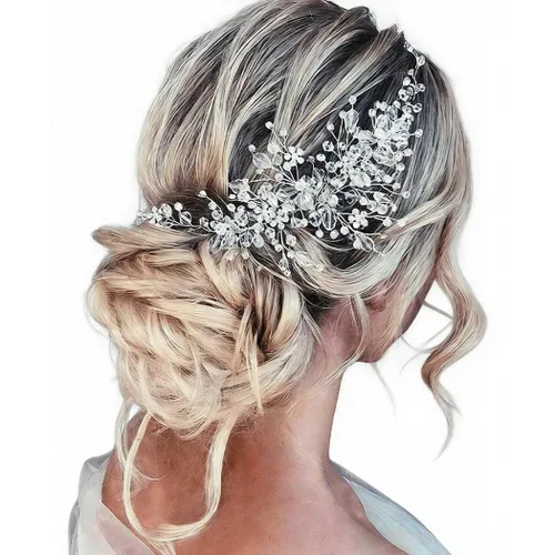 Vista 8 de Catery Diadema de boda con diseño de flores y perlas de cristal dorado, accesorio para el cabello para mujer