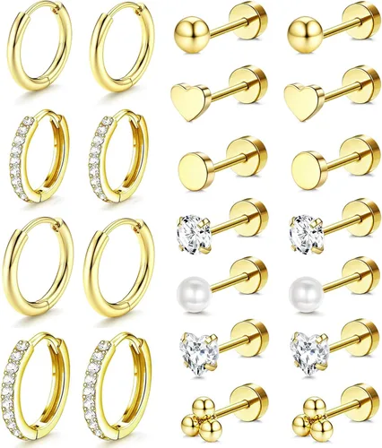 Aretes hipoalergénicos con parte trasera plana para mujer, chapados en oro de 14 quilates, acero inoxidable quirúrgico, aretes tipo dormilona con