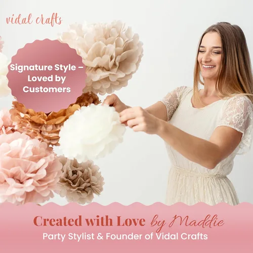 Vista 3 de Vidal Crafts - 20 pompones de papel de seda bohemios, flores de papel de seda colgantes para decoraciones de despedida de soltera, decoraciones