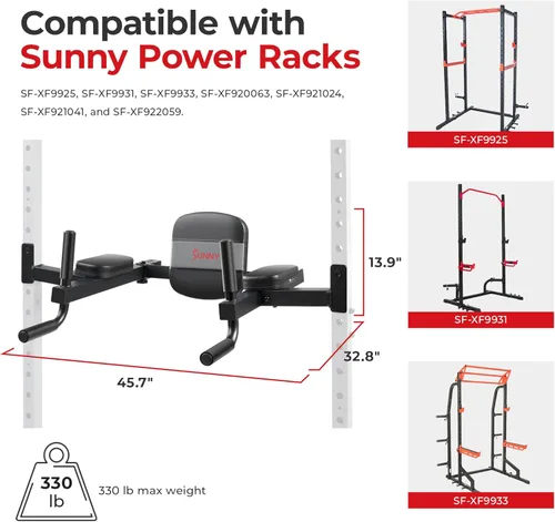 Vista 6 de Sunny Health & Fitness Power Cage Squat Rack Upgrade Attachments, Dip Bar, Plate Bar Holder, Belt Squat, J Hook, Lat, Adapter, U Ring, Pull Up Bar