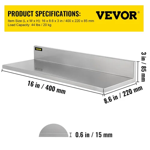 Vista 2 de VEVOR Estante de pared de acero inoxidable, capacidad de carga máxima de 44 libras, estantería comercial de montaje en pared con protector contra
