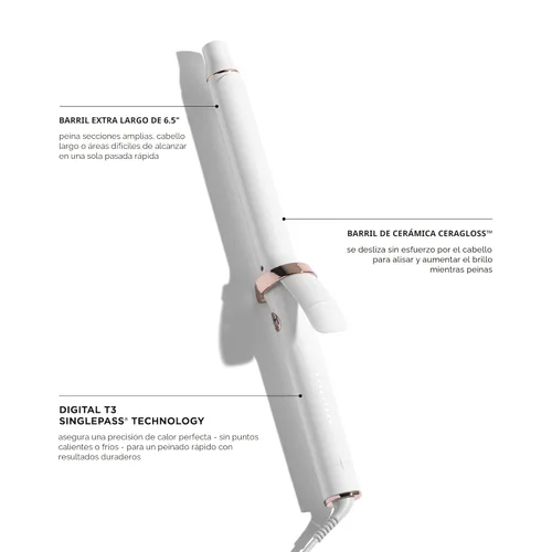 Vista 3 de T3 SinglePass Curl X Rizador de barril extra largo de 1", 1.25", 1.5" con 9 ajustes de calor y barril cerámico para un estilo rápido y resultados