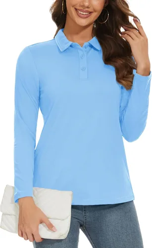 Vista 4 de MAGCOMSEN Camisas polo de manga larga para mujer, UPF 50+, camisetas de golf que absorben la humedad, camisa de tenis, 3 botones