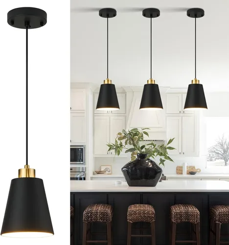 Matte Black Mini Pendant Light 7.87in Cone Kitchen Island Pendant Lighting with Gold Modern Hollow Shade Hanging Light Fixture for Kitchen Dining