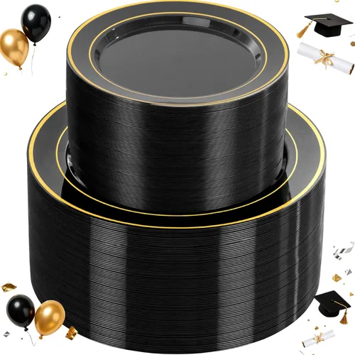 NOCCUR 200 platos de plástico negro y dorado para 100 invitados - Incluyen 100 platos desechables resistentes de 10" para cena / 100 platos