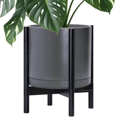 Vista 9 de D'vine Dev Maceta de cerámica con soporte de ébano – Maceta redonda moderna de 8 pulgadas con soporte para maceta de madera, color negro, 55-B-M-2