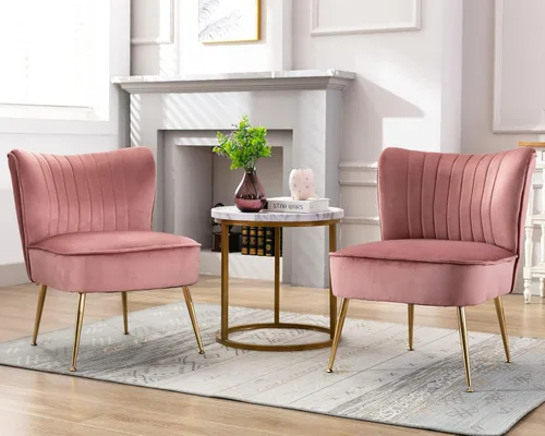 Vista 15 de Juego de 2 sillas decorativas de terciopelo, cómodas sillas de sala de estar, sin brazos, sofá individual lateral de mediados de siglo con patas