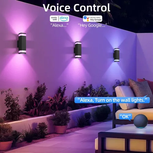Vista 3 de SHIMR Luz de pared inteligente RGB para exteriores, control de aplicación WiFi, lámpara exterior que cambia de color con sensor de atardecer a