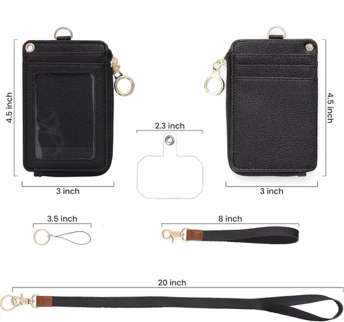 Vista 5 de Mondo Designs Soporte de tarjetas de ID 2 en 1, cartera chica multiusos, correa de muñeca extraíble, cordón para cuello, ventana clara, 5 ranuras