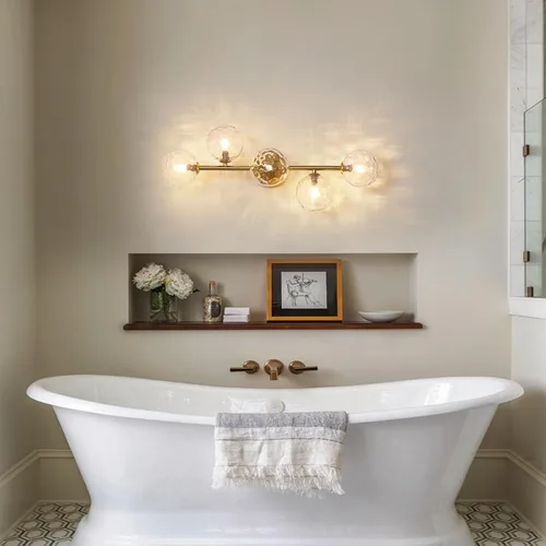 Vista 7 de Luminarias de Espejo de Tocador de Baño: Aplique de Pared de Baño Regulable de 5 Luces - Luces de Tocador de Latón Dorado con Pantalla de Vidrio