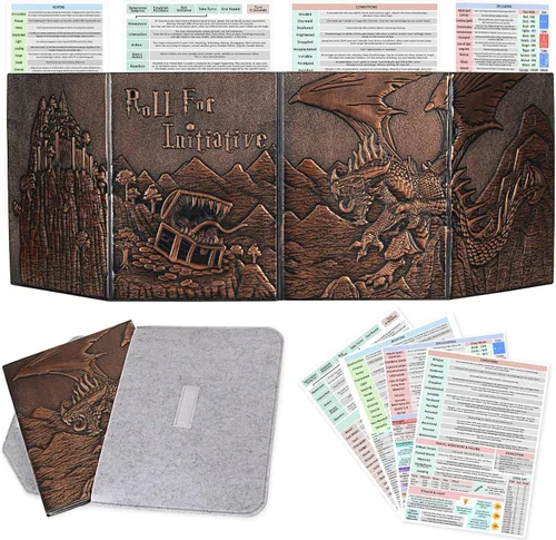 CZYY DND Pantalla de Dungeon Master de Cuero Sintético con Relieve de Dragón y Mimic, Cuatro Paneles con Bolsillos Pantalla DM para Calabozos y