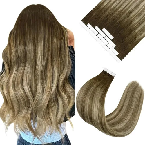 Vista 11 de Ve Sunny Extensiones de cabello humano real con cinta, cabello humano Remy, lacio, doble cara, color marrón oscuro, balayage, rubio dorado oscuro