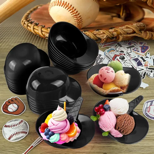 Vista 6 de MEEZY Juego de 16 cuencos de helado con diseño de casco de béisbol con 8 mini tazas de postre y 8 cucharas, 8 onzas. Cuencos reutilizables