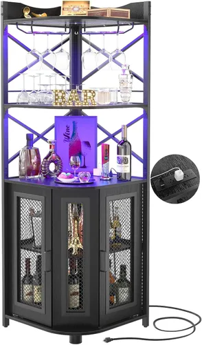 Aheaplus Gabinete Bar de Esquina con Toma de Corriente, Gabinete de Vino Industrial con Tira LED y Portavasos, Gabinetes de Licores de 5 Niveles